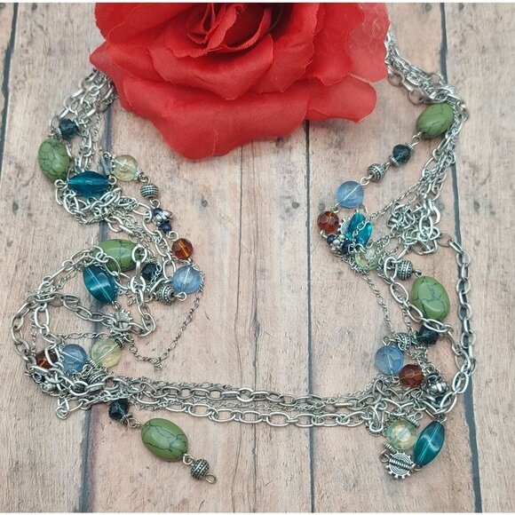 Premier Designs Silver Tone Necklace Multi Strand Chains Colorful Beads 36" - Picture 2 of 11